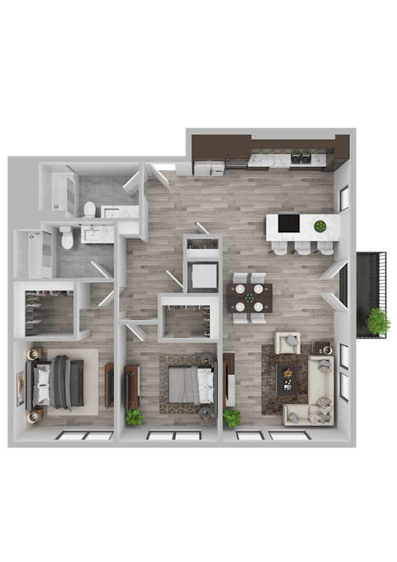 A 3D floor plan of a house with a kitchen, living room, and two bedrooms.