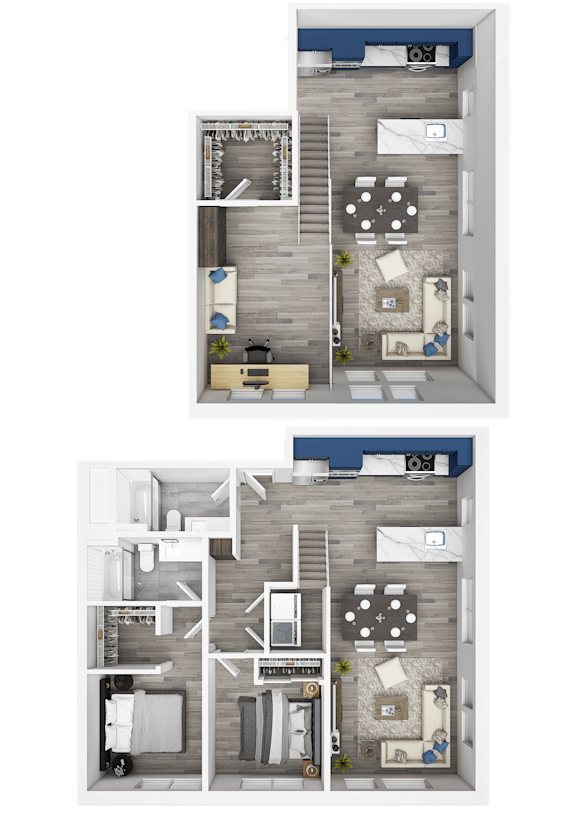 A set of three images showing different layouts of a room with a bed, a desk, and a chair.