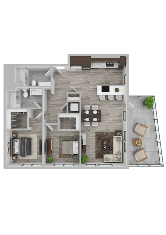 A top-down view of a house layout with a kitchen, living room, dining area, and a backyard.