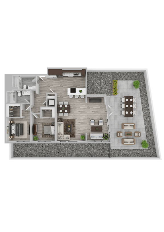 A 3D rendered image of a house layout.