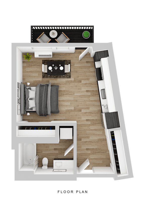 A floor plan of a house with a living room, kitchen, and two bedrooms.
