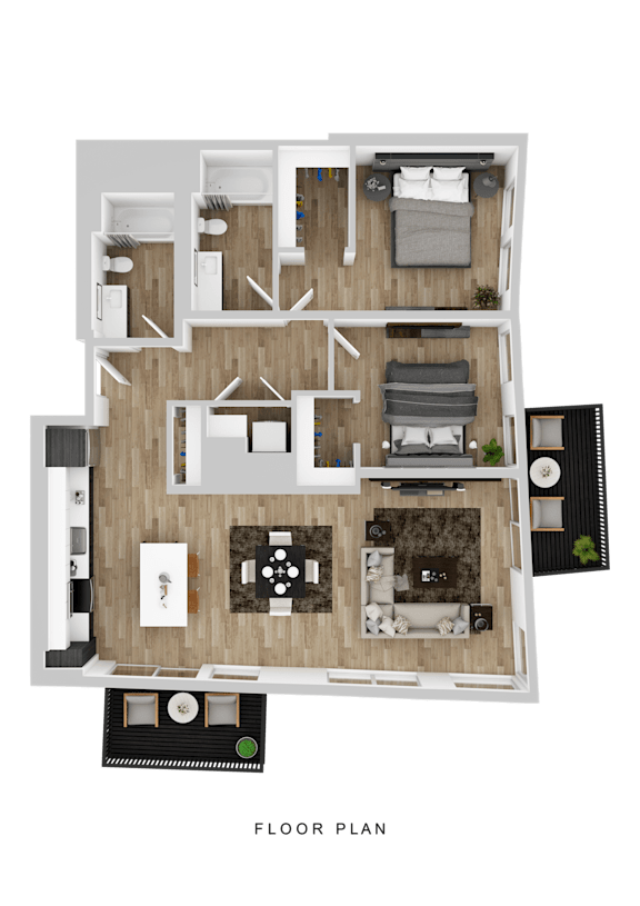 A floor plan of a house with a kitchen, living room, and two bedrooms.