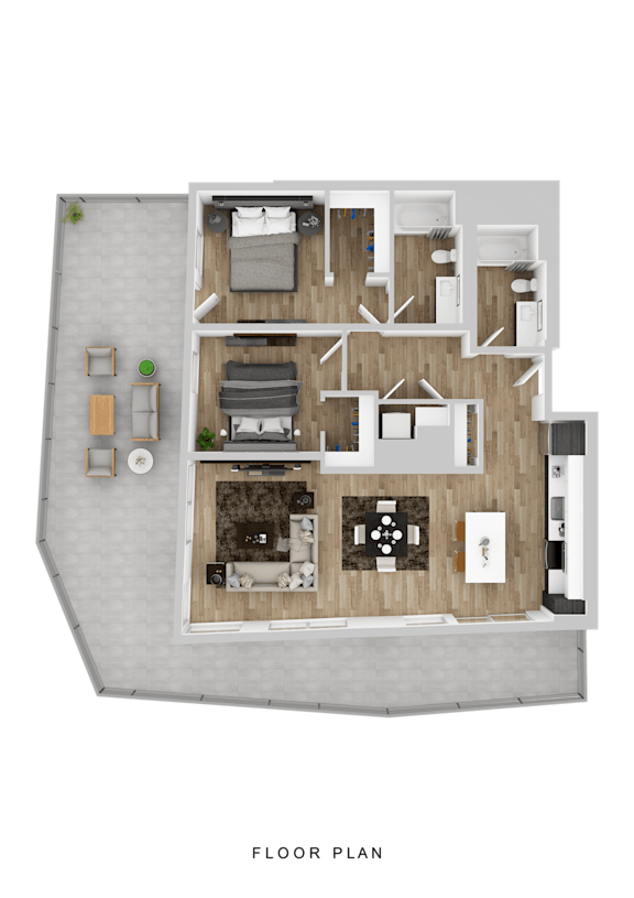 A floor plan of a house with a living room, kitchen, dining area, and two bedrooms.