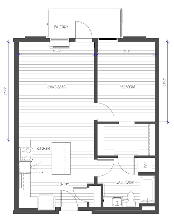 A floor plan of a house with a living area, kitchen, bathroom, and bedroom.