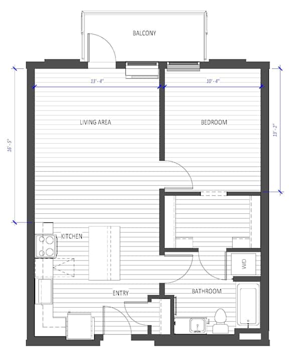 A floor plan of a house with a living area, kitchen, bathroom, and bedroom.