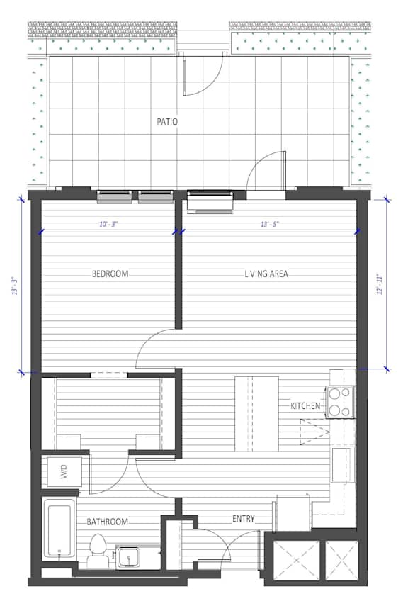 A floor plan of a house with labeled rooms such as bedroom, living area, kitchen, bathroom, and entry.