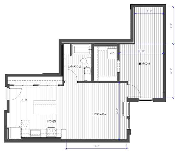 A floor plan of a house with a living area, kitchen, bathroom, and bedroom.