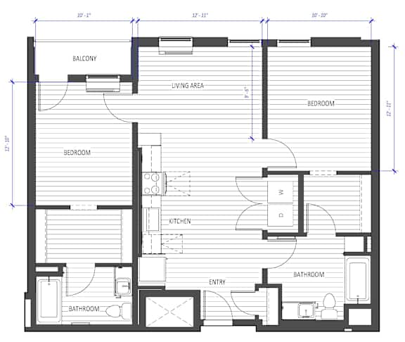 A floor plan of a house with a balcony, two bedrooms, a living area, a kitchen, an entry, and two bathrooms.