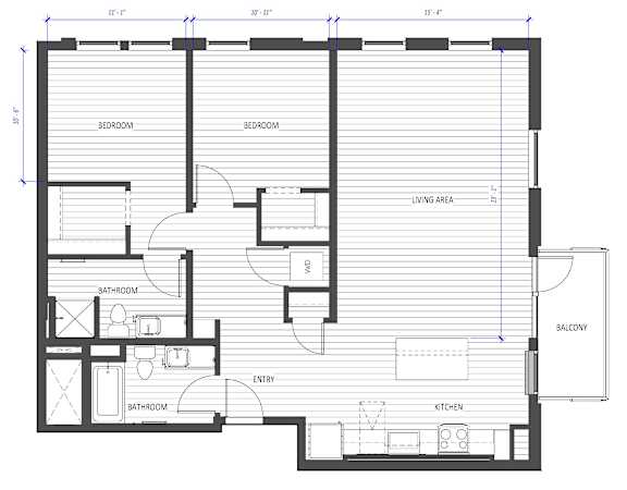 A floor plan of a house with labeled rooms such as bedrooms, bathrooms, a kitchen, and a living area.