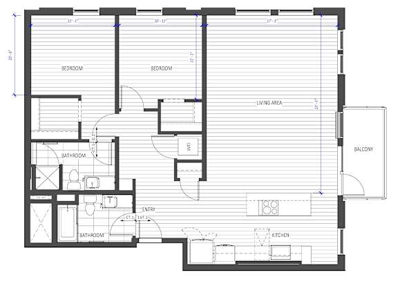 A floor plan of a house with two bedrooms, a living area, a kitchen, a bathroom, and a balcony.