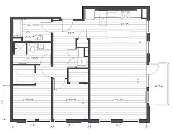A floor plan of a house with labeled rooms such as bathroom, kitchen, and bedrooms.