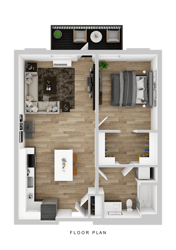 A floor plan of a house with a living room, kitchen, and two bedrooms.