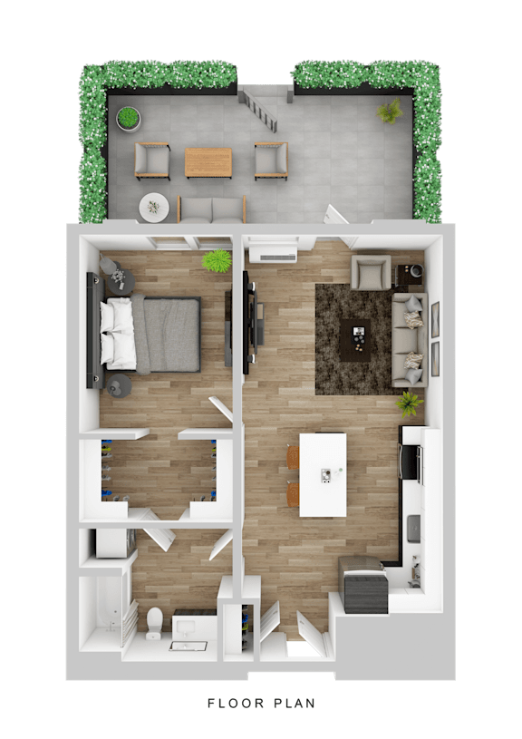 A floor plan of a house with a living room, kitchen, and two bedrooms.