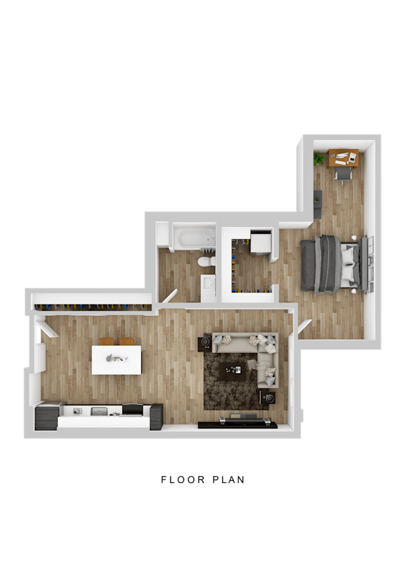 A floor plan of a house with a living room, kitchen, and two bedrooms.