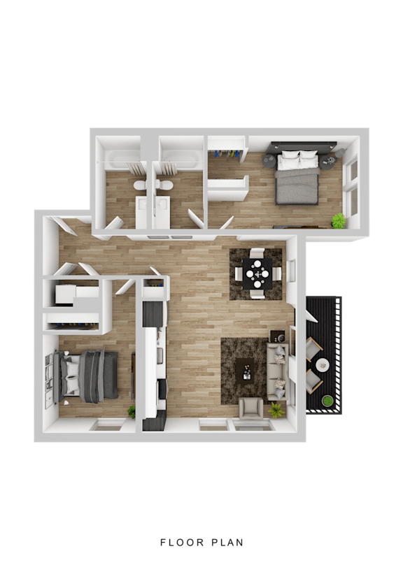 A floor plan of a house with a kitchen, living room, dining room, and two bedrooms.