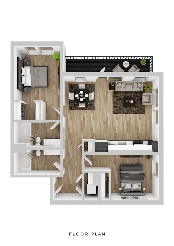A floor plan of a small apartment with a living room, kitchen, and bedroom.