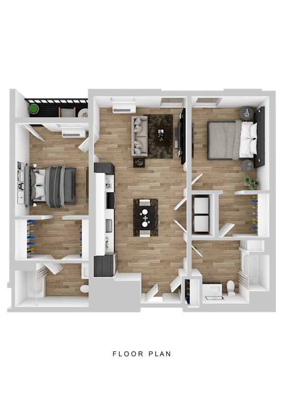 A floor plan of a house with a kitchen, living room, and two bedrooms.