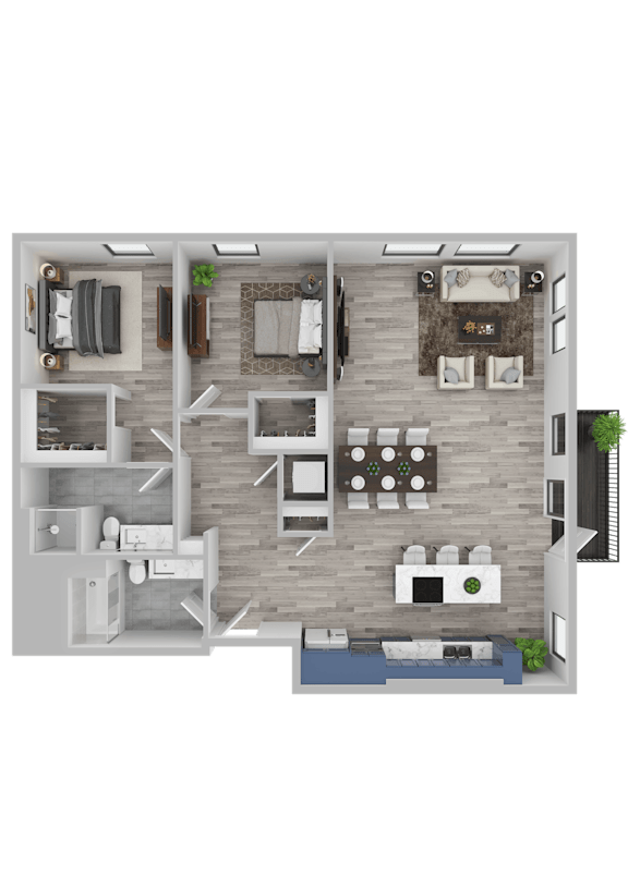 A top-down view of a house layout with a kitchen, living room, dining area, and bedrooms.