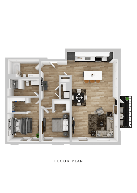 A floor plan of a house with a kitchen, living room, and two bedrooms.