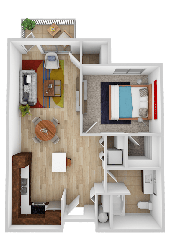 A top-down view of a small apartment with a living room, kitchen, and bedroom.