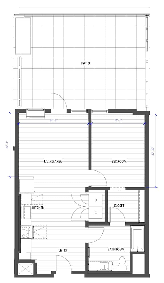 A floor plan of a house with a living area, kitchen, bedroom, bathroom, and entry.