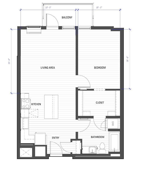 A floor plan of a house with a living area, kitchen, bathroom, bedroom, closet, and balcony.