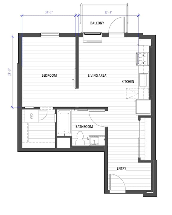 A floor plan of a small apartment with a balcony, bedroom, bathroom, kitchen, living area, and entry.