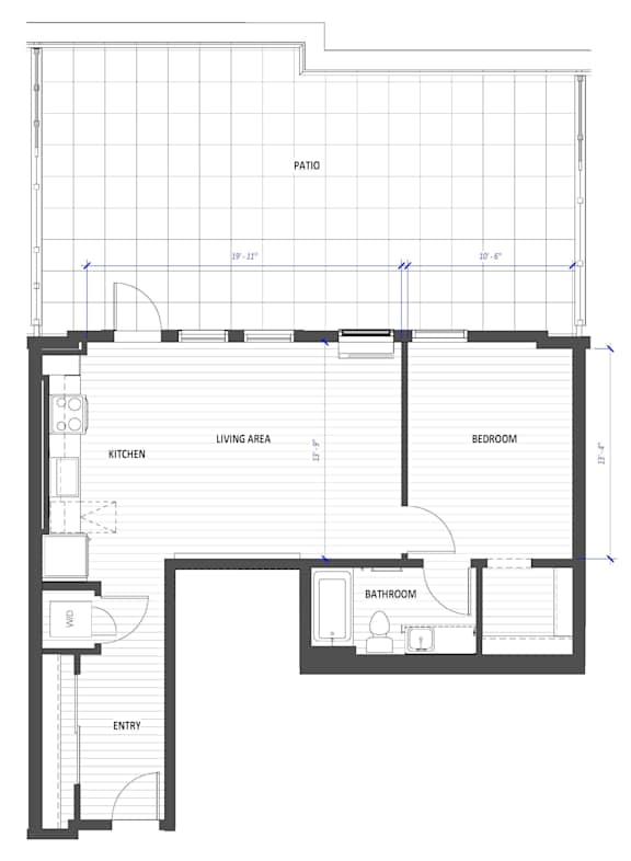 A floor plan of a house with a kitchen, living area, bedroom, bathroom, and entry.