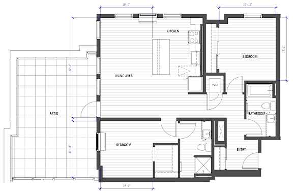 A floor plan of a house with labeled rooms such as kitchen, living area, and bathrooms.