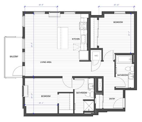 A floor plan of a house with a balcony, living area, kitchen, two bedrooms, two bathrooms, and an entry.