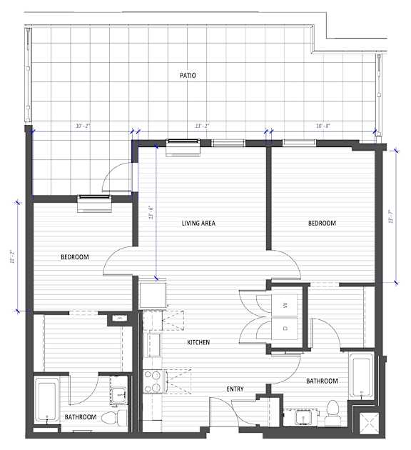 A floor plan of a house with a living area, kitchen, two bedrooms, and two bathrooms.