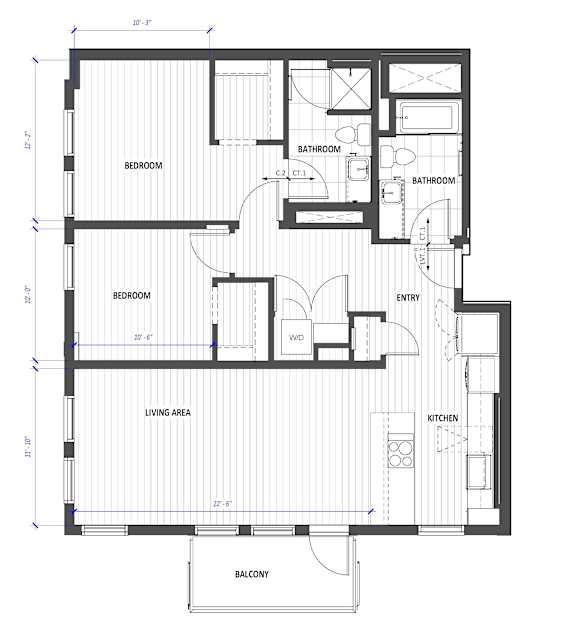 A floor plan of a house with a living area, kitchen, two bedrooms, two bathrooms, and a balcony.