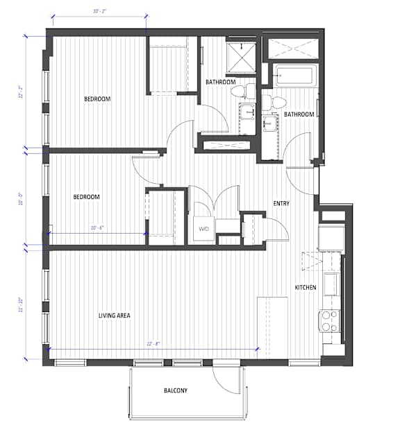 A floor plan of a house with labeled rooms such as bedrooms, bathrooms, a living area, a kitchen, an entry, and a balcony.