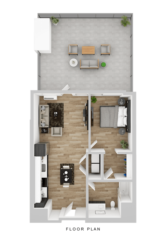 A floor plan of a small apartment with a kitchen, living room, and bedroom.