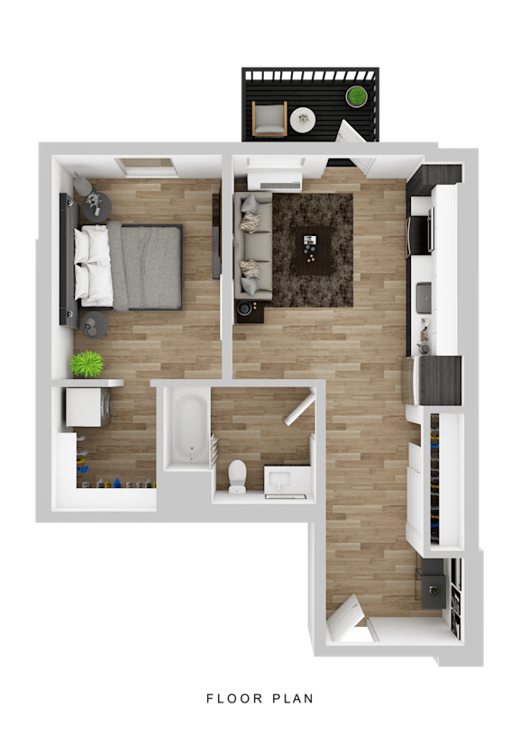 A floor plan of a small apartment with a living room, kitchen, and bathroom.