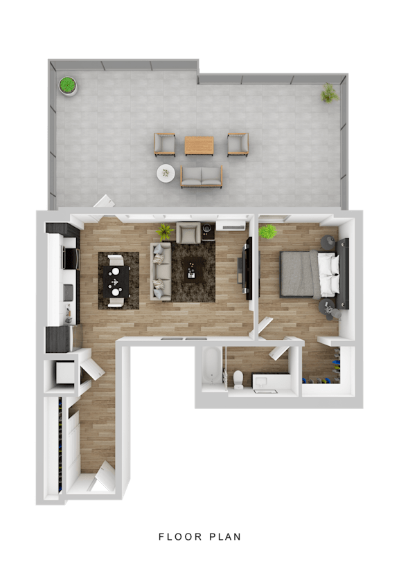 A floor plan of a house with a living room, kitchen, and two bedrooms.