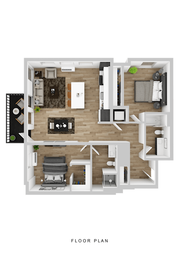 A floor plan of a house with a living room, kitchen, dining room, and two bedrooms.