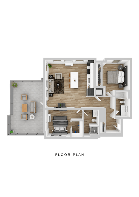 A floor plan of a house with a living room, kitchen, dining area, and two bedrooms.