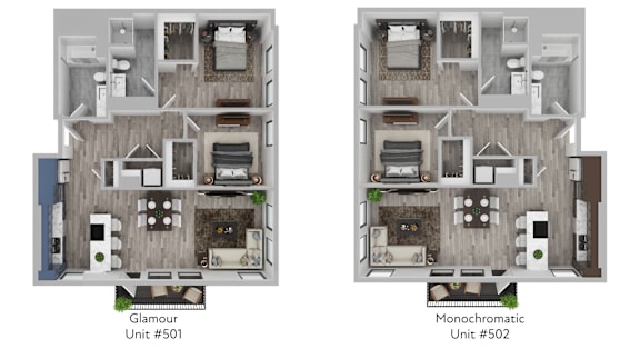 Two floor plans for a Glamour and Monochromatic unit.