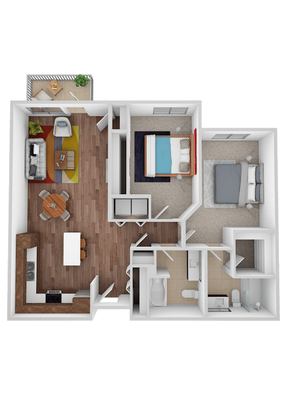 A floor plan of a house with a living room, two bedrooms, a kitchen, and a bathroom.