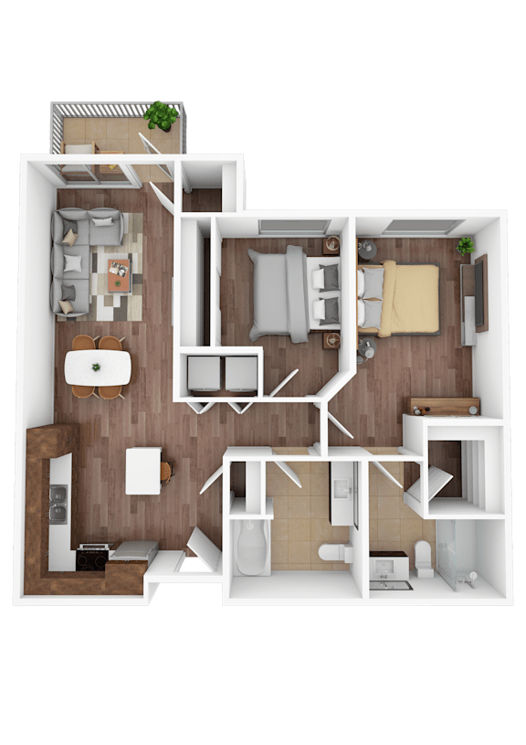 A 3D floor plan of a small apartment with a kitchen, living room, and bedrooms.
