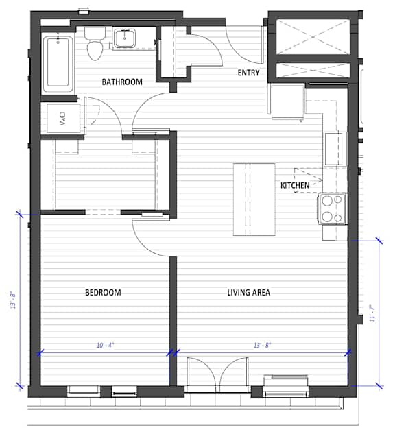 A floor plan of a small apartment with a living area, kitchen, bathroom, and bedroom.