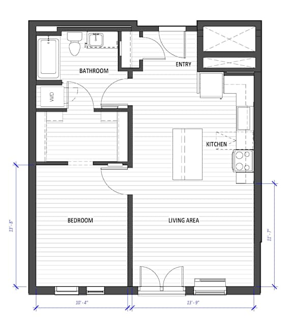 A floor plan of a small apartment with a living area, bedroom, and bathroom.