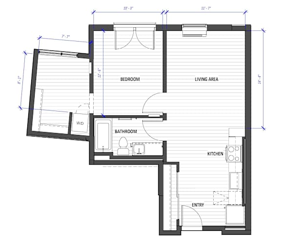 A floor plan of a house with a living area, kitchen, bathroom, and bedroom.