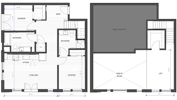 A floor plan of a house with two bedrooms, a living area, a kitchen, and two bathrooms.