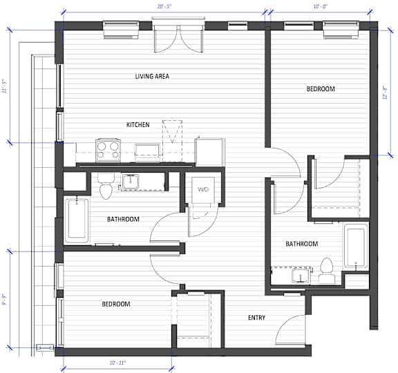 A floor plan of a house with labeled rooms such as kitchen, living area, and bathrooms.