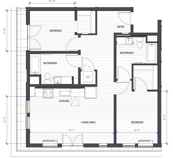 A floor plan of a house with labeled rooms such as bedroom, bathroom, and kitchen.