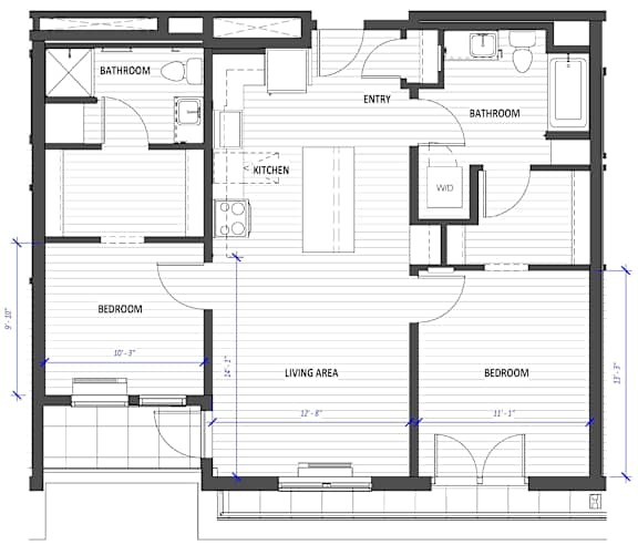 A floor plan of a house with two bedrooms, a living area, a kitchen, and two bathrooms.