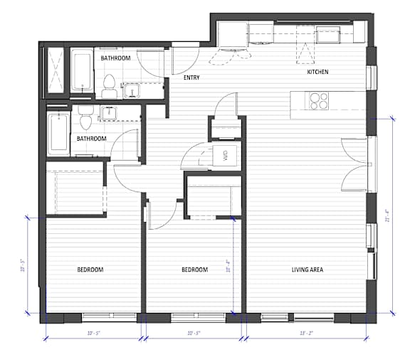 A floor plan of a house with two bedrooms, a living area, a kitchen, and two bathrooms.