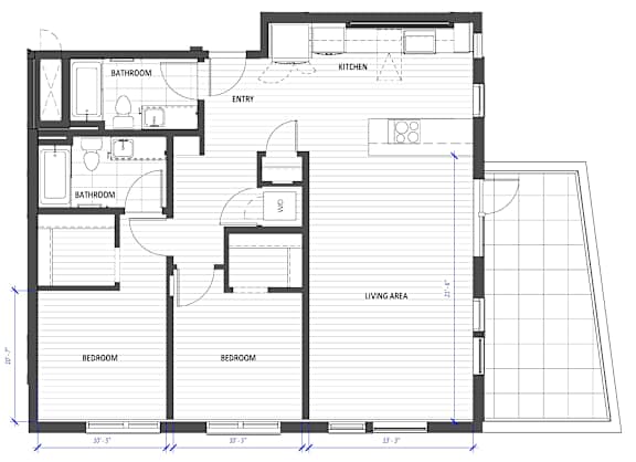 A floor plan of a house with two bedrooms, a living area, a kitchen, and two bathrooms.